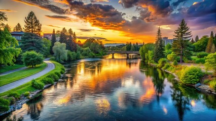 Fototapeta premium Serene sunset over the Spokane River, with lush greenery and walking trails of Riverfront Park in Spokane, Washington, reflecting off the calm water's surface.