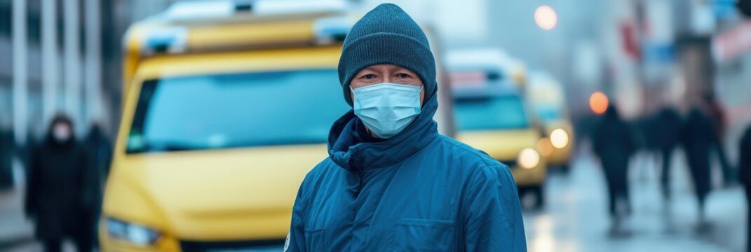 A healthcare worker stands in a medical mask near a busy hospital overwhelmed with ambulances, highlighting the urgent health crisis. Generative AI