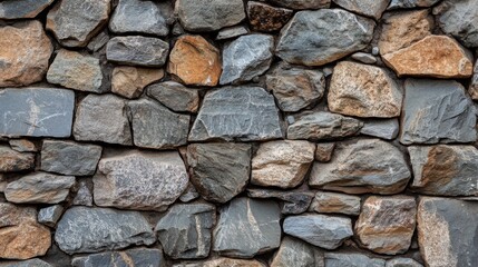 Close-up of a rustic stone wall with unevenly shaped stones.