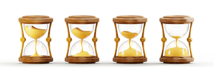 3d set of hourglass animation sprite sheet render icon. Wood glass clock with sequence falling sand for game ui design. Isolated watch countdown hours for app, timer, loading process. 3D illustration