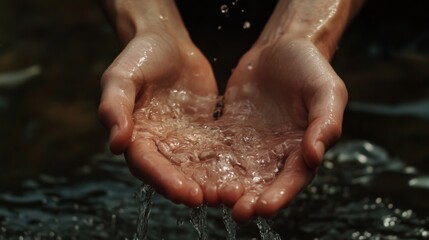 Fototapeta premium Close-up of cupped hands catching flowing water from a stream.