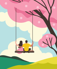 Couple in spring season poster. Man and woman swing at sakura tree. People in sunny days at green hills. Romance, love and passion. Greeting valentines day card. Flat vector illustration