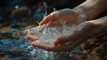 Fototapeta premium Close-up of hands cupping water, creating a splash.