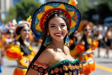 Fototapeta premium National Hispanic Heritage Month with a vibrant parade, captured in a photo where people in traditional costumes march down a street lined with colorful decorations, showcasing the rich diversity