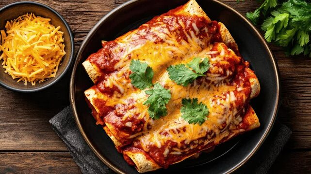 Zooming over a Delicious Plate of Cheese Enchiladas on a Wooden Table