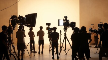 Fototapeta premium Film crew silhouettes working on a film set with cameras, lighting and a backdrop.
