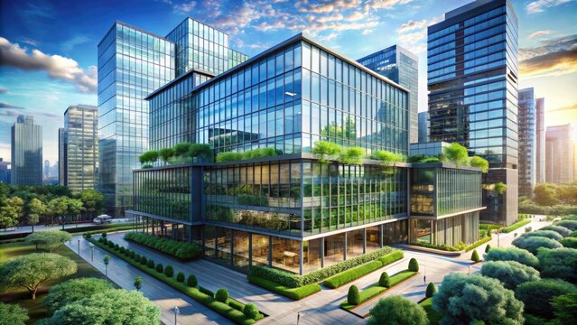 Sleek, contemporary high-rise office building with gleaming glass and steel façade, surrounded by lush greenery and modern urban infrastructure in a bustling cityscape.