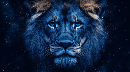 Fototapeta premium A minimalistic landscape design company logo featuring a front-facing lion in blue, black, and white colors. It evokes a sense of nature and professionalism.