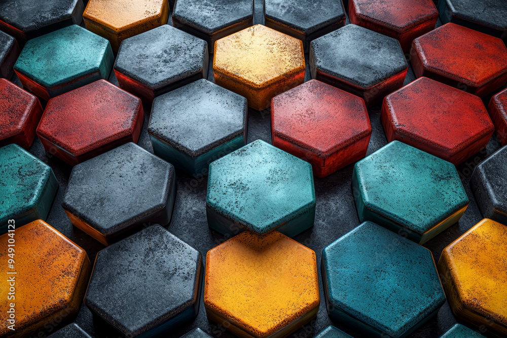 Poster a hexagonal tiling pattern with varying colors, highlighting the tiling ability of hexagons to cover
