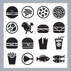 Set of fast food silhouette chicken grill, pizza, chicken sandwich, pasta, burger, French fries, sandwich, chicken wings vector in white background