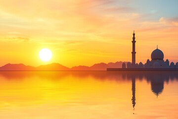A stunning sunset over a tranquil landscape featuring a mosque, reflecting on calm waters with mountains in the background.