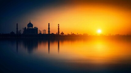 Naklejka premium A stunning sunset over a serene lake, silhouetting an iconic monument against a vibrant orange and blue sky.