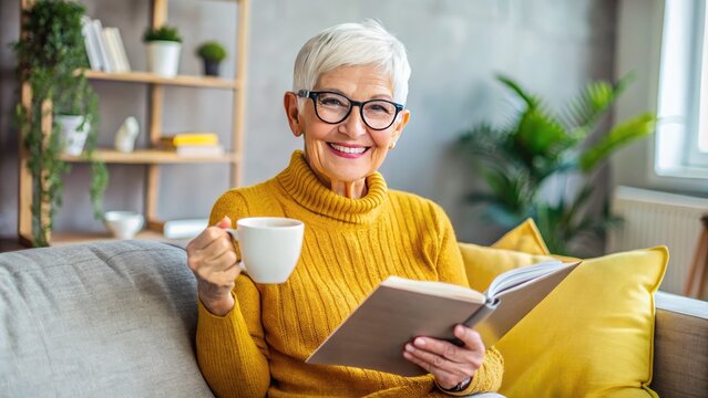 Smiling senior woman with short white hair and glasses, wearing a bright yellow sweater, sitting on a couch with a book and a cup of coffee.