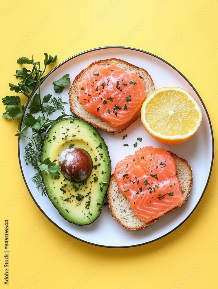 Poster a delicious breakfast spread featuring creamy avocado toast topped with salmon, accompanied by fresh