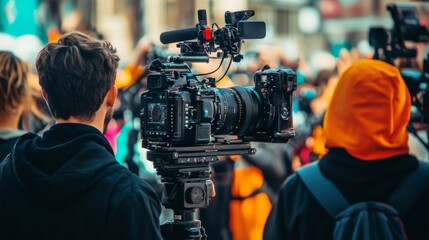 A cameraman films a crowd of people at an outdoor event.