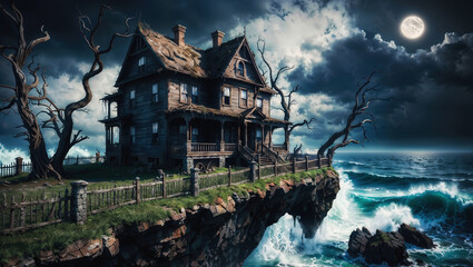 Fototapeta premium Haunted House on Cliffside Under Moonlit Sky