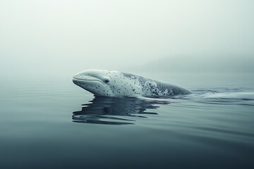 Fototapeta premium A lone beluga whale surfaces in the icy waters of the Arctic.