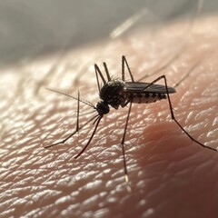 A close-up of a mosquito on human skin.