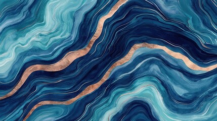 Abstract blue wave pattern featuring smooth lines and elegant copper accents, perfect for modern decor or artistic projects.