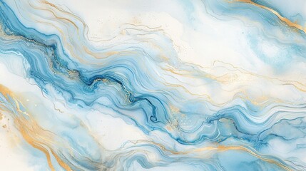Obraz premium Abstract artwork featuring flowing waves of blue and gold on a soft white background, perfect for modern decor and design projects.