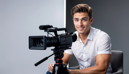Obraz premium Smiling Man Operating Professional Video Camera in Studio