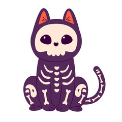 Happy Halloween sticker with cat in skeleton costume. Illustrations for Halloween holiday Funny illustration for kids. Vector illustration in flat style isolated on white