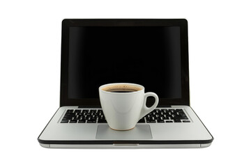 A steaming cappuccino in a ceramic mug rests on a laptop keyboard, a morning ritual for many business professionals