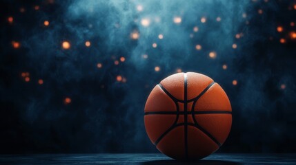 A vibrant basketball against a mystical backdrop filled with glowing lights, capturing the essence of sport and excitement.