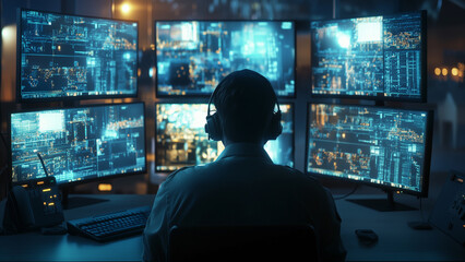 Vigilance in Action: A Focused Security Officer Monitoring Screens with Precision


