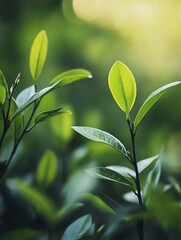 Obraz premium Fresh Green Leaves in Soft Natural Light - Nature Background for Wellness and Sustainability Themes