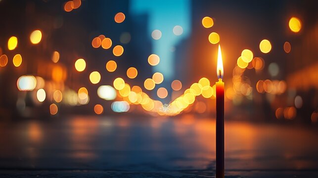 A vibrant candle glows against a backdrop of blurred city lights, creating a warm and inviting atmosphere of serenity and reflection.