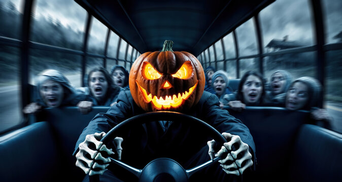 Halloween pumpkin driving bus full of screaming people