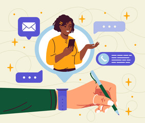 Hand with smart watches. Woman with smartphone communicate with friend online. Commuication in social networks and messengers. Modern gadget and device. Flat vector illustration