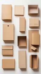 Obraz premium Different sizes and shapes of cardboard boxes are organized visually, showcasing their diverse designs and earthy tones in a minimalist layout