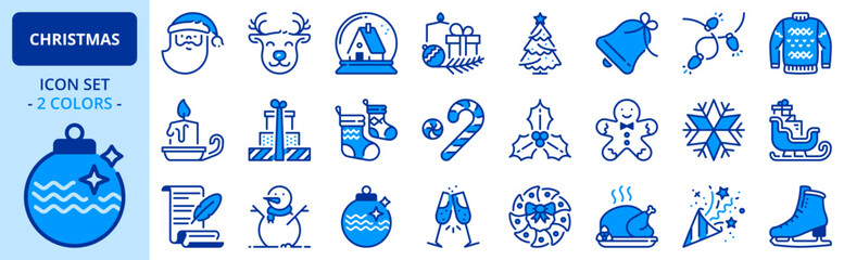 Icons in two colors about Christmas. Holidays events.