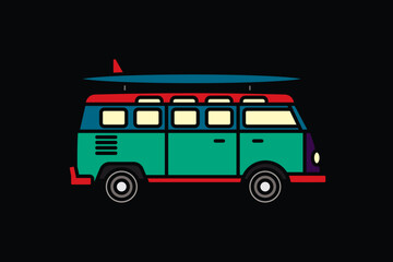 Original vector illustration. A van with a surfboard on the roof. A contour icon.