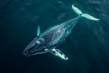 Fototapeta premium A blue whale glides through blue ocean depths in a minimalist composition.