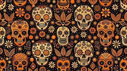 Spooky sugar skulls pattern Halloween decorations mood eerie style vintage silhouette technical vector illustration color bold black and orange concept Dia de los Muertos