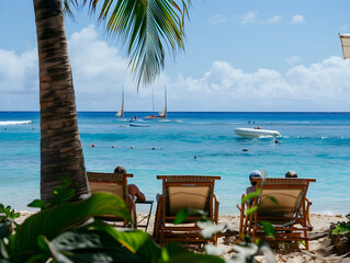 Sunbathers enjoy lounging on beach chairs by the pool at a luxurious beachfront resort.