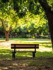 Fototapeta premium Tranquil Park Bench Surrounded by Lush Greenery - Perfect for Relaxation and Nature Retreats