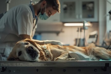 Dog looking at camera in veterinary clinic with vet. Animal operations. Surgery