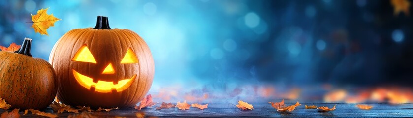 A vibrant Halloween scene featuring glowing pumpkins against a magical blue background, perfect for autumn-themed designs.