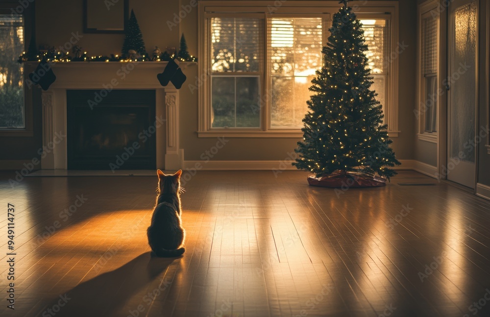 Poster A cat sits in the center of an empty room in front of a Christmas tree and a fireplace, illuminated by warm light from outside through large windows