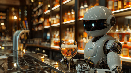 the android bartender robot stands at the bar against the background of alcohol with a glass full of alcohol,