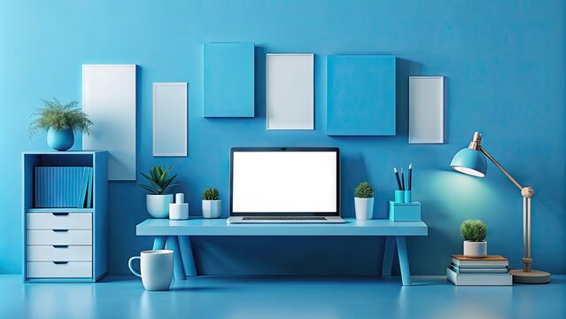 Stylish modern blue template mockup with clean lines, minimalist design, and ample whitespace, perfect for showcasing branding, product designs, or advertising campaigns digitally.