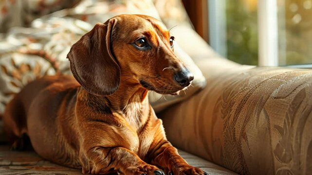 Dachshund resting on a patterned couch by a window, cozy home atmosphere. Pet and relaxation concept.