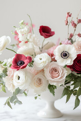 Beautiful bouquet of roses, ranunculus and anemones.