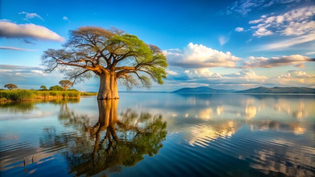 Lake Nyasa in the morning, a majestic baobab tree stands sentinel on the lake's edge, its branches stretching towards the sky