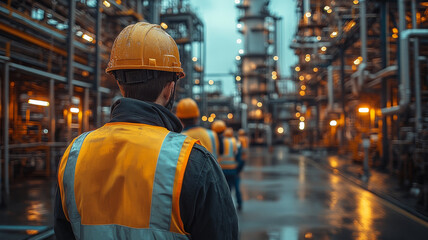 A team of industrial workers conducting maintenance on heavy equipment, all wearing reflective vests and safety harnesses, with the industrial backdrop showcasing precision and care