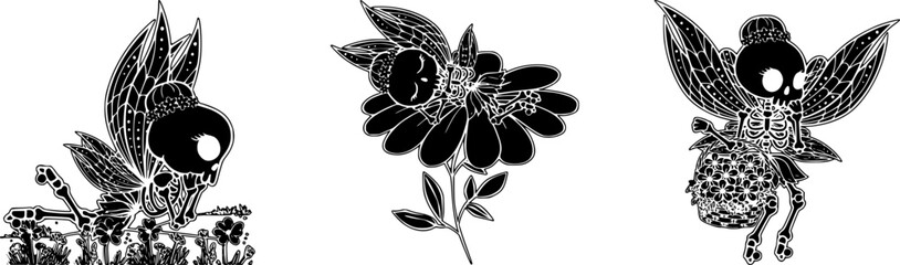Fairy skeleton vector clipart, Halloween sublimation for print on demand, flowers